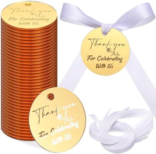 100 Set Gold Acrylic Thank You for Celebrating with Us Tags, with String Round Gold Mirrored Favors Labels, Thank You Gift Tags for Baby Shower Birthday Wedding Bridal Shower for Guests