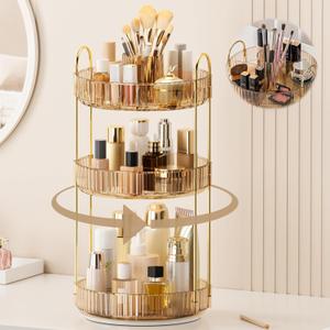 360 Rotating Makeup Organizer, Upgraded 3 Tier Skincare Perfume Organizers for Women, Bathroom Organizer Countertop, Clear Cosmetic Dresser Organizer with Makeup Brush Holder, Sink&Counter(Amber) 