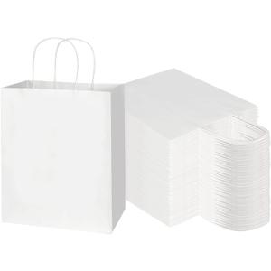Toovip 100 Pack 8x4.75x10 Inch Medium White Kraft Paper Bags with Handles Bulk, Gift Wrap Bags for Favors Grocery Retail Party Birthday Shopping Business Goody Craft Merchandise Take Out Sacks