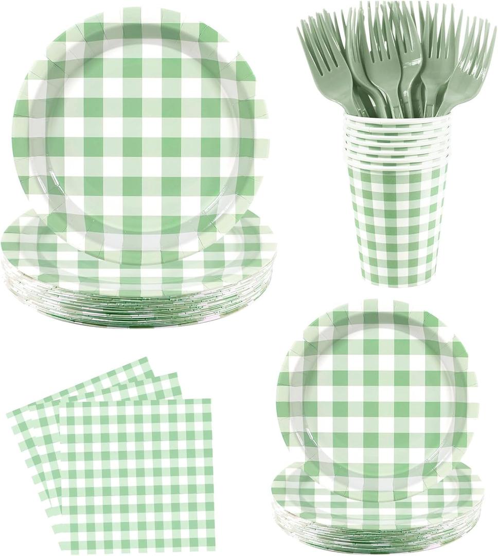 Green Gingham Disposable Party Tableware Set for 30 Guests 9 & 7 Inch Paper Plates, Cups, Napkins and Forks, Green Checkered Paper Dinnerware for Birthday, Picnic, Baby Shower, Outdoor Gatherings