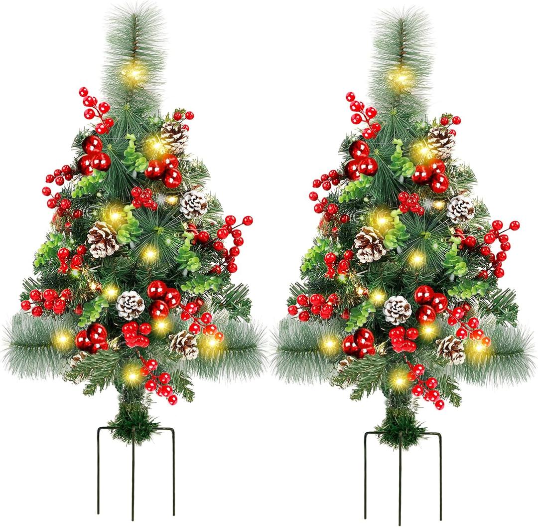 GUOOU Set of 2 Pathway Christmas Tree Urn Filler, Lighted Artificial Mini Xmas Trees with Lights, Outdoor Christmas Decorations for Porch, Driveway, Yard (5 Pine Cones)