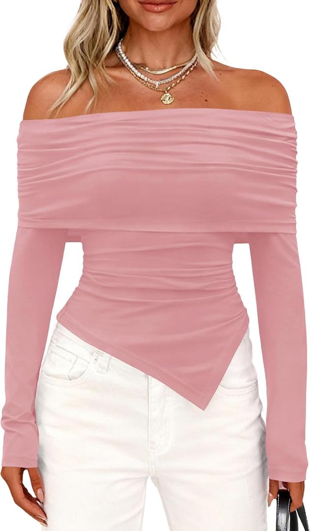 PRETTYGARDEN Women's Off The Shoulder Tops Spring Fashion 2026 Long Sleeve Shirts Going Out Slim Fitted Blouses Fall Clothes (Large, Pink)