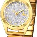 JewelryWe Women's Big Dial Easy Reader Watch Gold/Silver Tone Elastic Stretch Band Wristwatch for Christmas