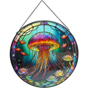 ZZHAOYI Colorful Jellyfish Stained Glass Window Hanging Ornament, 7.9'' Dreamy Sea-Life Inspired Design for Home Decor, Jellyfish Sun Catchers Gift for Son Daughter Girlfriend