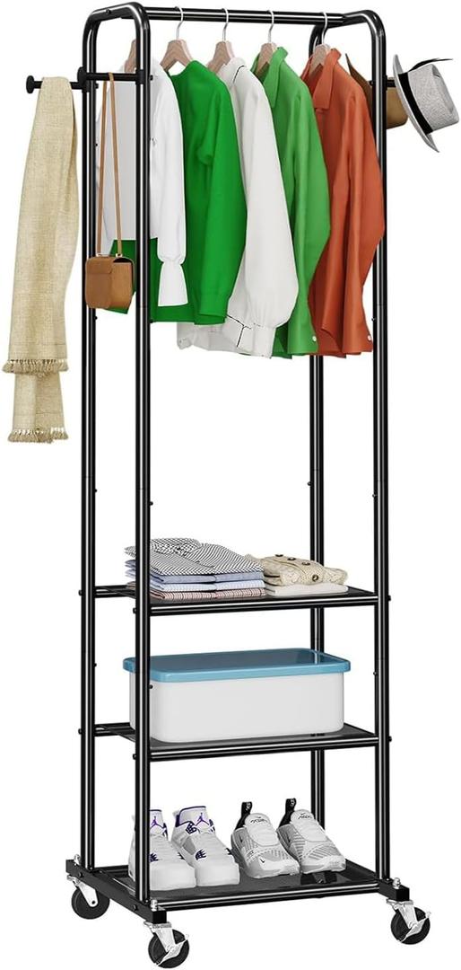 Garment Rack with Storage Shelves, Heavy Duty Rolling Clothes Organizer on Wheels for Hanging Clothes, 73 Inches Small Clothing Racks, Black