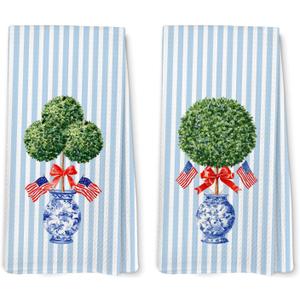 Blue Chinoiserie Topiary Patriotic Kitchen Towels, Patriotic Hand Dish Tea Towel for Kitchen, 4th of July Independence Day Striped Decorative Hand Towel for Bathroom 16x24inch, Set of 2