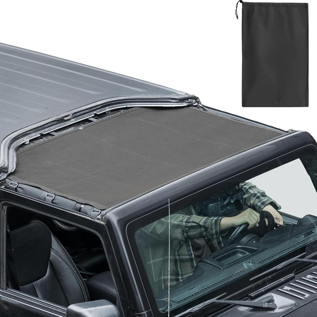 JOYTUTUS Front Sun Shade Top Compatible with Wrangler JK & JKU 2007-2018 (Not for JL), Integrated No-Slip Straps, Bikini Top Cover Blocks UV, Wind, Noise
