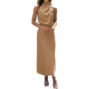 BTFBM Cocktail Dresses for Women Summer Satin Silk Sleeveless Mock Neck Maxi Wedding Guest Dress Fall Outfits 2026(Light Khaki, X-Large)