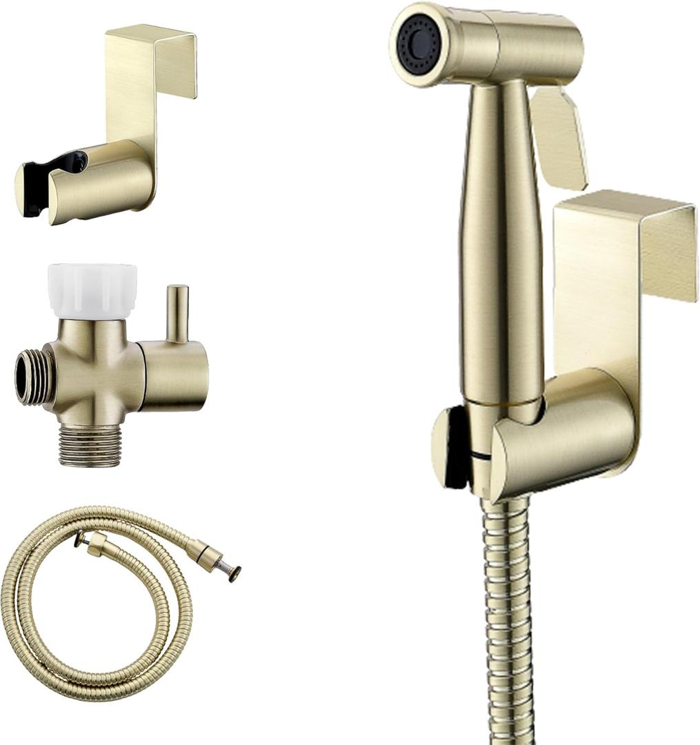 Purrfectzone Bidet Sprayer for Toilet, Handheld Bidet Sprayer Kit, Easy-to-Install Toilet Handheld Shower, Hand Held Stainless Steel Shattaf with Adjustable Flow, Cloth Diaper Set-Brushed Gold