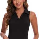 SHAPERIN Women's V Neck Polo Bodysuit Tops Long Short Sleeve Sleeveless Sexy Slim Collared Leotard, Size Small