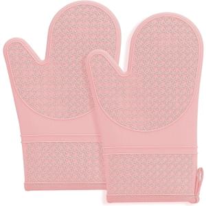 Hovico Silicone Oven Mitts, Heat Resistant 500F Kitchen Mitts 2PCS, 11.6" BPA-Free Soft Baking Gloves, Non-Slip Grip Oven Gloves with Soft Cotton Lining for Kitchen Cooking Baking BBQ - Pink