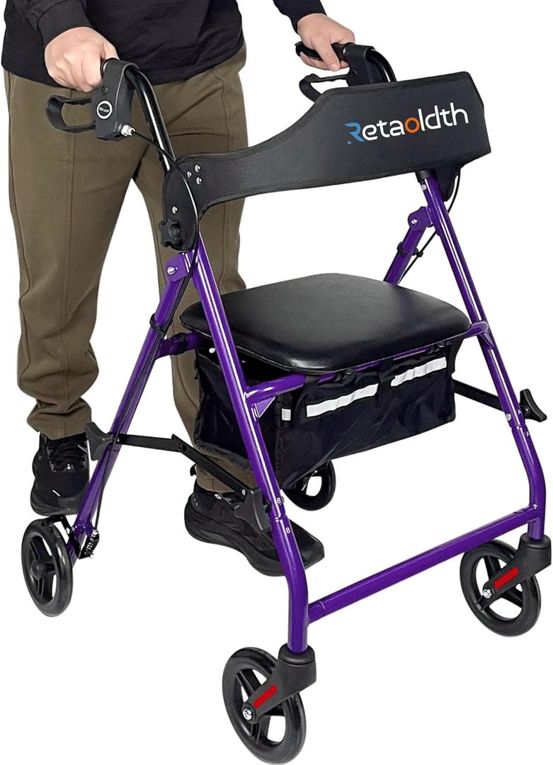 Foldable Rollator Walker with Seat for Seniors, Easy Folding & One-Hand Carry, Walkers for Seniors-All-Terrain Wheels, Height Adjustable Lightweight Rolling Walker for Elderly, Purple