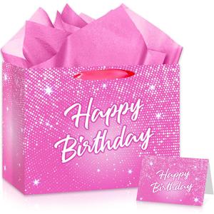 Shiny Pink Birthday Gift Bag for Lady Girls Large Hot Pink Happy Birthday Gift Bag with Tissue Paper and Card Disco Shining Stars Goodie Wrapping Bag for Women Bday Anniversary Party Supplies
