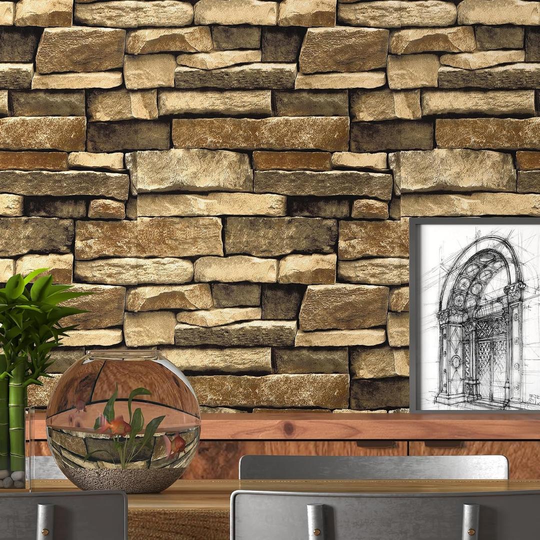Peel and Stick Wallpaper Brick Stone wallpaper 17.7 " x 118 " Self-Adhesive Wallpaper Stone Contact Paper 3D Wall Paper Stone Brick Textured Vintage Removable Wallpaper for Fireplace Kitchen Vinyl