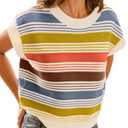 FireSwan Womens Cap Sleeve Sweater Vest Striped Color Block Loose Tank Tops Trendy Vacation Outfits Cute Summer Spring Top (Size M)
