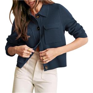 Womens Wool Pea Coat Button Up Open Front Trench Outerwear Long Sleeve Cropped Cardigan Jacket with Pockets (XL)