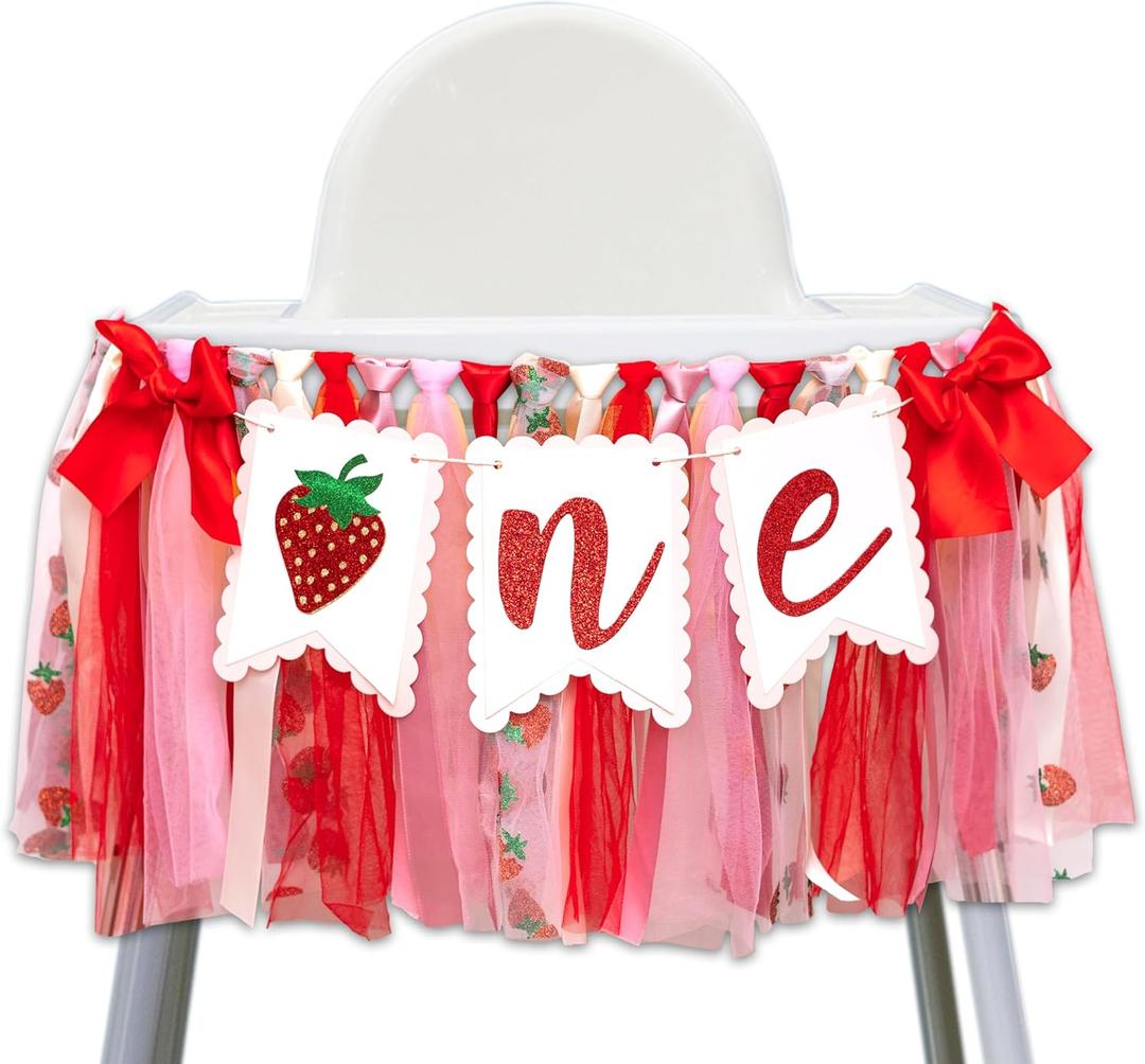 Strawberry One High Chair Banner - Strawberry 1st Birthday Party Decoration Banner, Sweet Berry First Birthday Party Supplies Highchair Banner, Berry Sign Anniversary Milestone Cake Smash Photo Props Banner