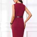 Allegra K Work Dress for Women's Sleeveless Office Round Neck Belted Business Pencil Dresses (Red, L)