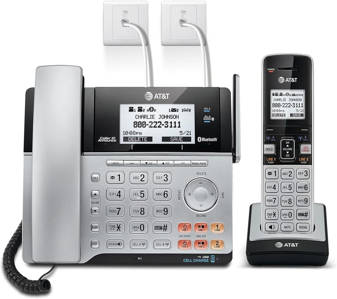 AT&T TL86103 2-Line Corded/Cordless for Small Business with Answering Machine, 2-Mailboxes, Connect-to-Cell, Caller ID Announcer, Intercom, Long Range & Expandable to 12 Handsets, Silver/Black