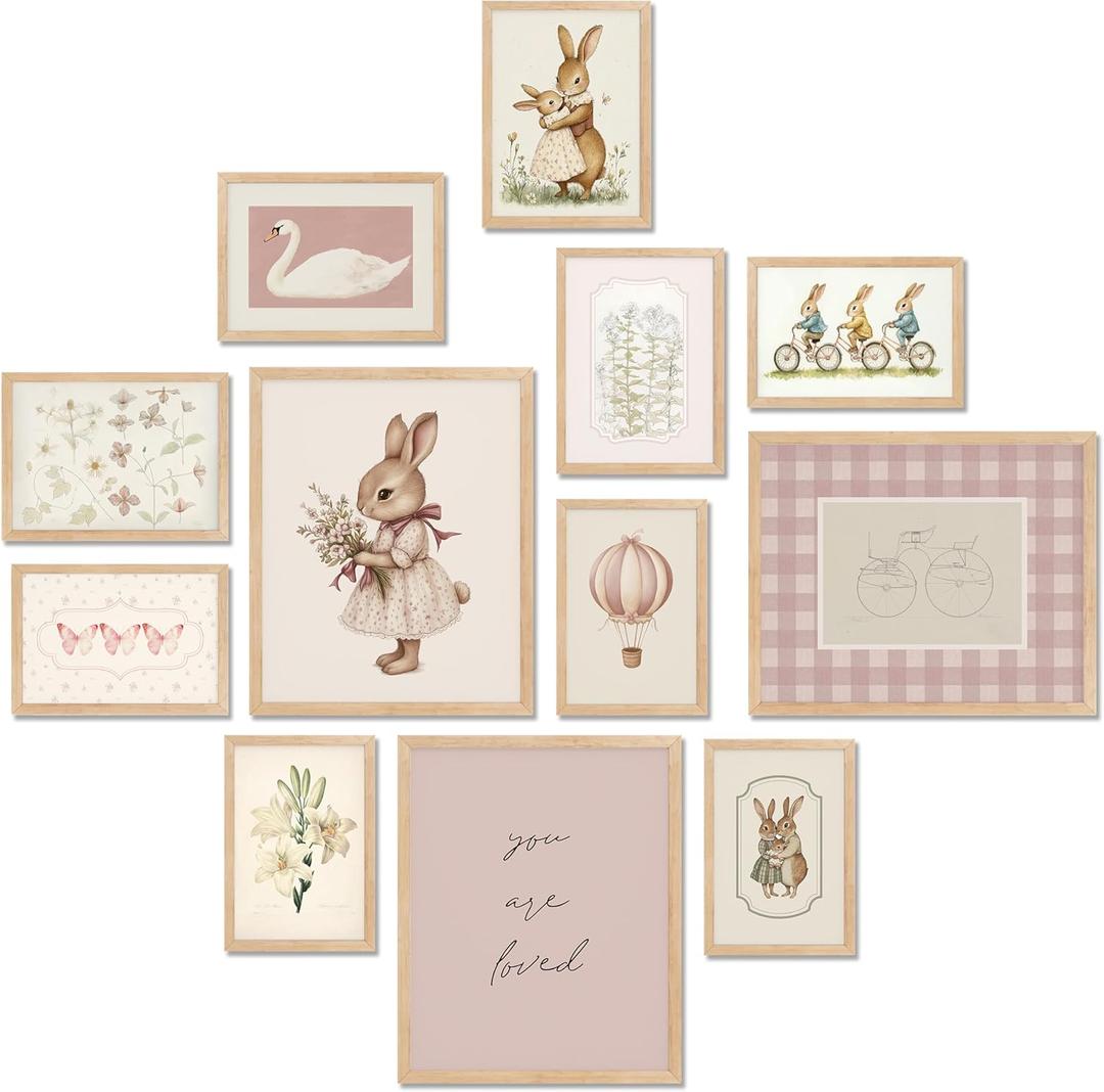 TwoDays Vintage Nursery Decor for Baby Girls, Pink Rabbit Bunny Wall Art for Toddler Kids Playroom, Swan Animals Posters for Bedroom (Multi Sizes, Set of 12, 8  10 Largest, UNFRAMED)