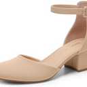 DREAM PAIRS Women's Closed Round Toe Low Block Heels Ankle Strap Chunky Heel Pumps Dress Wedding Office Party Shoes, Size 7, Beige