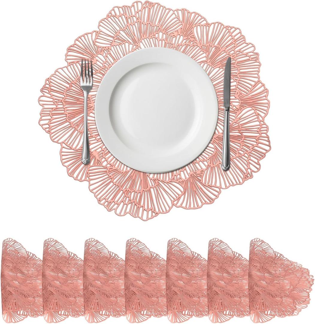 uxcell Pink Flower Round Placemats Set of 8 for Dinner Tables, Metallic Polyvinyl Pressed Placemats Washable Table Mats for Dinner Table Decor (15" x 15"/38 x 38cm)