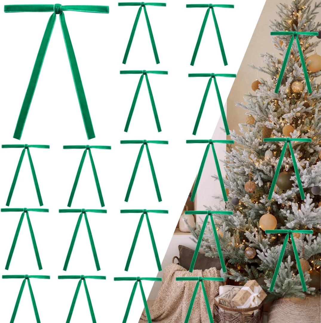 50pcs Green Velvet Bows for Christmas Tree - 5x7 Inch Pre-Tied Holiday Bows for Tree, Wreath, Gift Wrapping & Decor (3/8" Width)