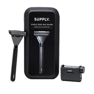SUPPLY Single Edge Max Razor for Men  Premium Metal Single-Blade Safety Razor with Pivoting Head for Fewer Cuts and Irritation  Includes 8 Blades & Magnetic Reload System  Jet Black