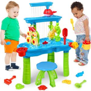 AOKESI Water Table for Toddlers 1-3,Outdoor Kids Water Play Table Rain Showers Splash Pond Sand, 3-Tier Sensory Activity Sand Table, Summer Beach Backyard Activities Water Toys for Toddlers Boys Girls