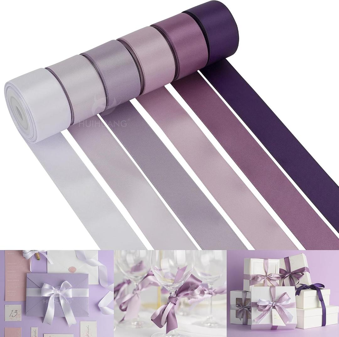 HUIHUANG Lilac Satin Ribbon - 1 inch Double Face Silk Assortment for Wedding, Bridal Shower Decor, Crafts, Hair Bows - 5 Rolls, Total 50 Yards