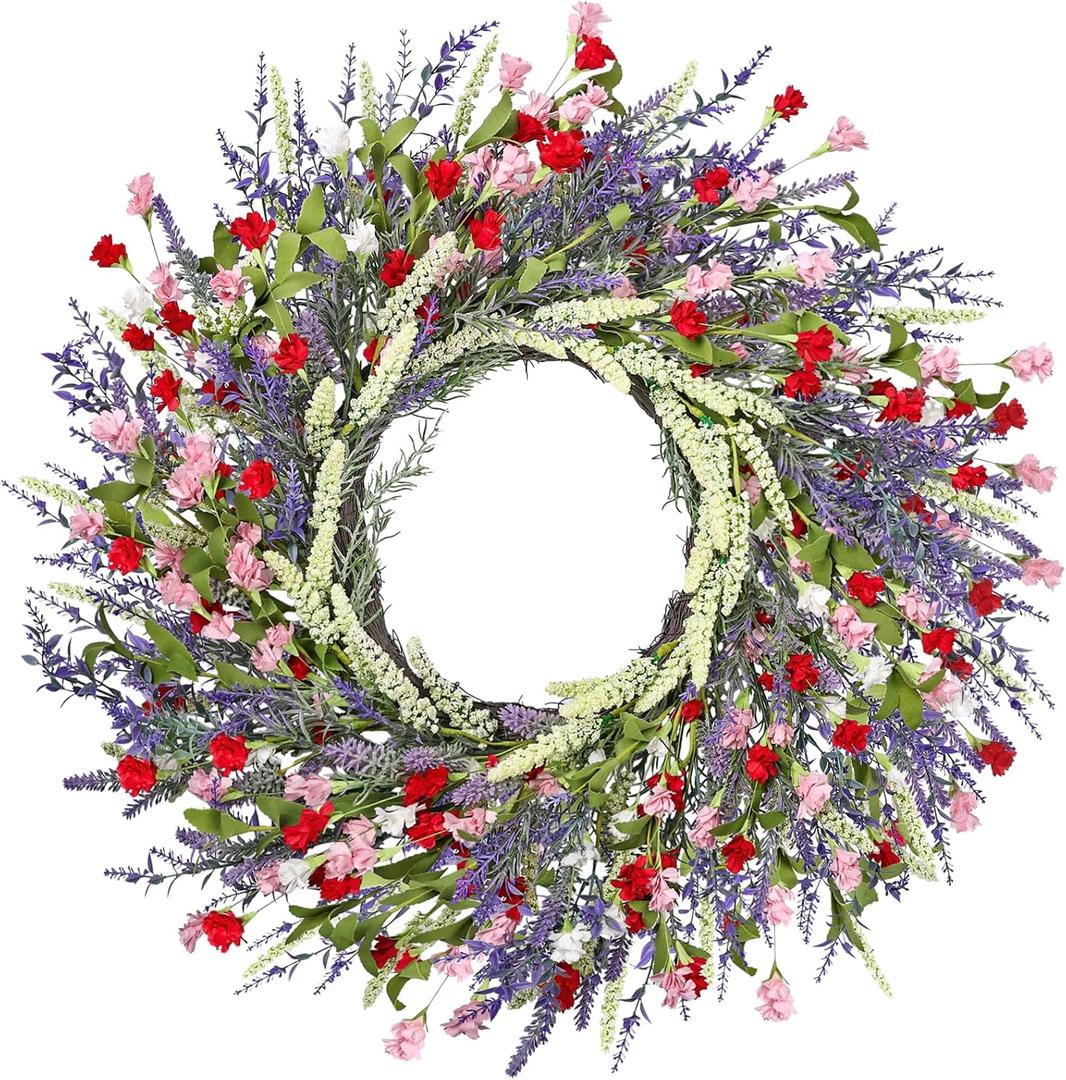 LZNPA 26 Inch Large Lavender Wreath for Front Door Greenery Summer Spring Wreaths for Front Door Wreaths for Front Door All Seasons for Wedding Farmhouse Wall Porch Window Decor(Red Pink Lavender)