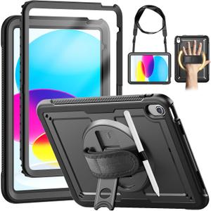 KAIJIAbox Case for iPad (A16) 11th/10th Generation 2025/2022 (11" /10.9 Inch), Full-Body Shockproof Protective Case with Screen Protector, 360 Rotating Hand Strap & Stand, Shoulder Strap, Black