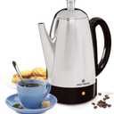 West Bend Electric Percolator Classic Style Coffee Maker with Heat Resistant Handle Base and Detachable Cord with Stainless Steel Stem and Basket, 12-Cup, Silver