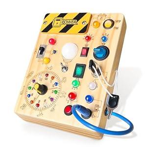 Iabedi Busy Board, Montessori Toy for 1-3 Years Old, Wooden Toddler Sensory Travel Toy, Ideal Gift for 1+ Year Old Boys (Busy Board Plus V2), Medium, Yellow
