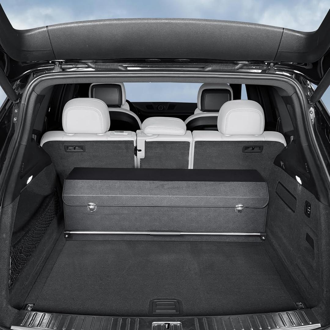 Car Trunk Organizer, Leather Trunk Organizer for Suv with Lid and Push-pull Handle Car Trunk Leather Storage Box Extra Large Cargo Storage (Black, 41.3 x 11.4 x 12.2in)