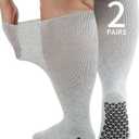 Wide Diabetic Socks for Men Women, Non Slip Grip Extra Long Edema Sock with Thickened Sole, Non-Binding Loose Fit Socks for Lymphedema, Neuropathy, Swollen Feet, Hospital-2 Pairs Gray