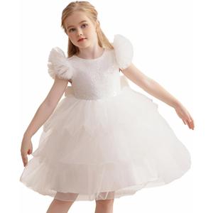 KAQININI Flower Girl Dress Ruffle Sleeve Layered Rainbow Holiday Fancy Satin Tulle Elegant Party Formal Communion Gown (White)
