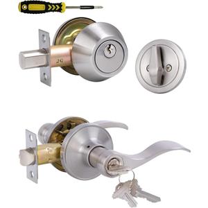 Keyed Alike Front Door Lever Lockset with Single Cylinder Deadbolt Combination Set, Exterior Door Knob with Lock and Deadbolt, Satin Nickel Finished Door Lock