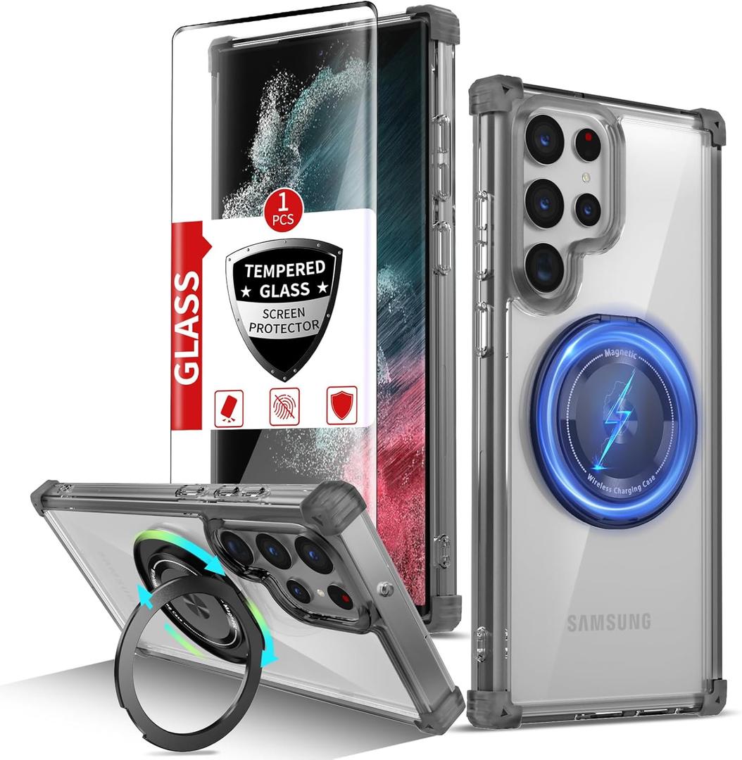 for Samsung Galaxy S22 Ultra Case Compatible with Magnetic Wireless Charging with Screen Protectors, S22 Ultra Case Built-in Kickstand Ring Military Grade Drop Protection Shockproof Black