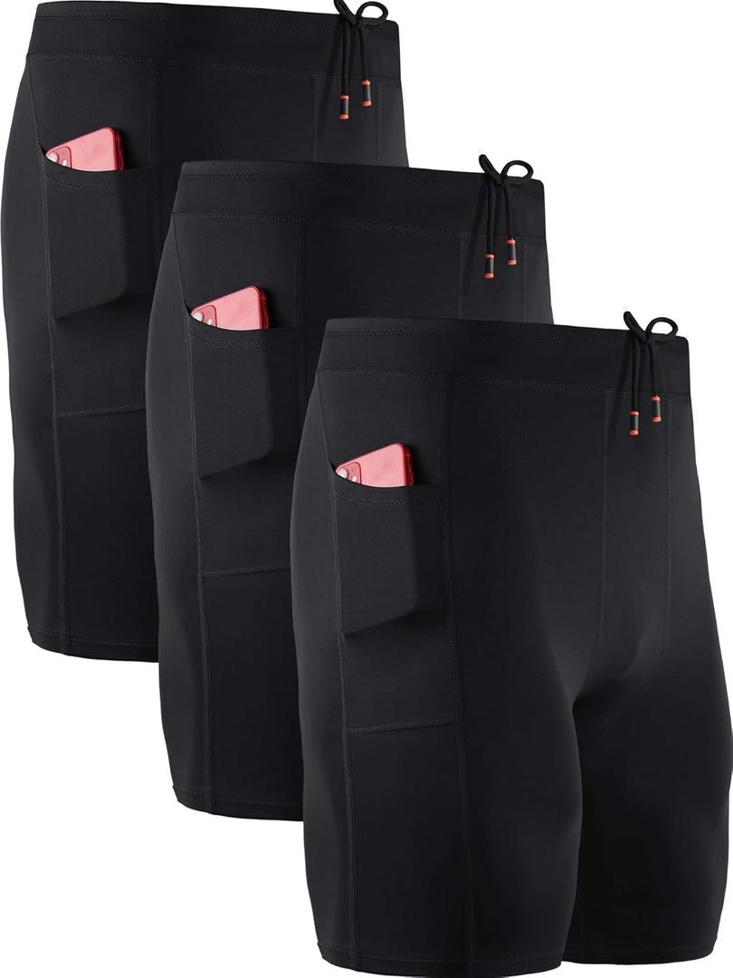 NELEUS Men's 3 Pack Running Compression Shorts with Pockets, Black (Medium)