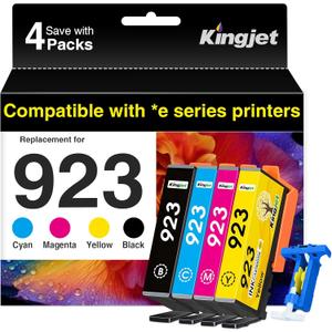 Kingjet 923 Ink Cartridges Combo Pack Without Chip Replacement for HP Ink 923 923XL 923e for OfficeJet 8120e 8122e 8124e Pro 8135e 8138e 8139e 8130e 8132e (4 Pack Black Cyan Yellow Magenta)