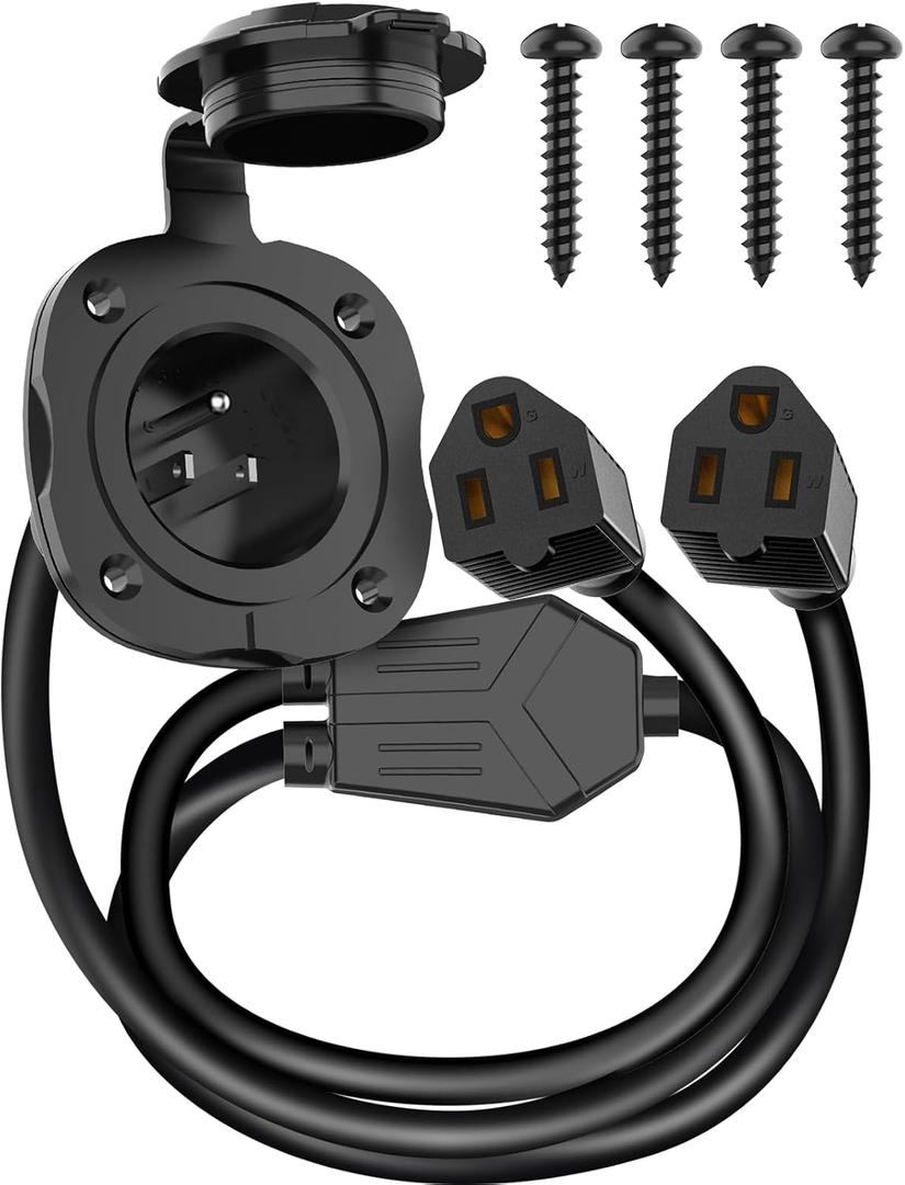 15 Amp AC Port Plug, 125V Power Inlet Socket with Waterproof Cover & Integrated Dual 18" Extension Cord, 2 Pole 3-Wire NEMA 5-15 Flanged Generator Inlet Plug for RV Boat Electrical Connections