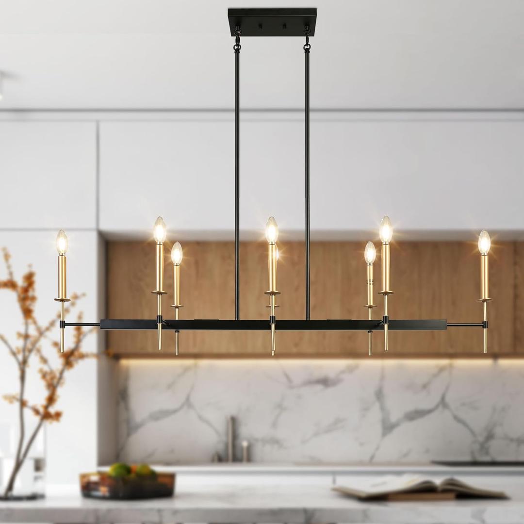 KSANA Black and Gold Chandelier, Modern Linear Dining Room Chandelier Light Fixture, Large 48.5 8-Light Kitchen Island Lighting for Living Room, Decorative Extended Style