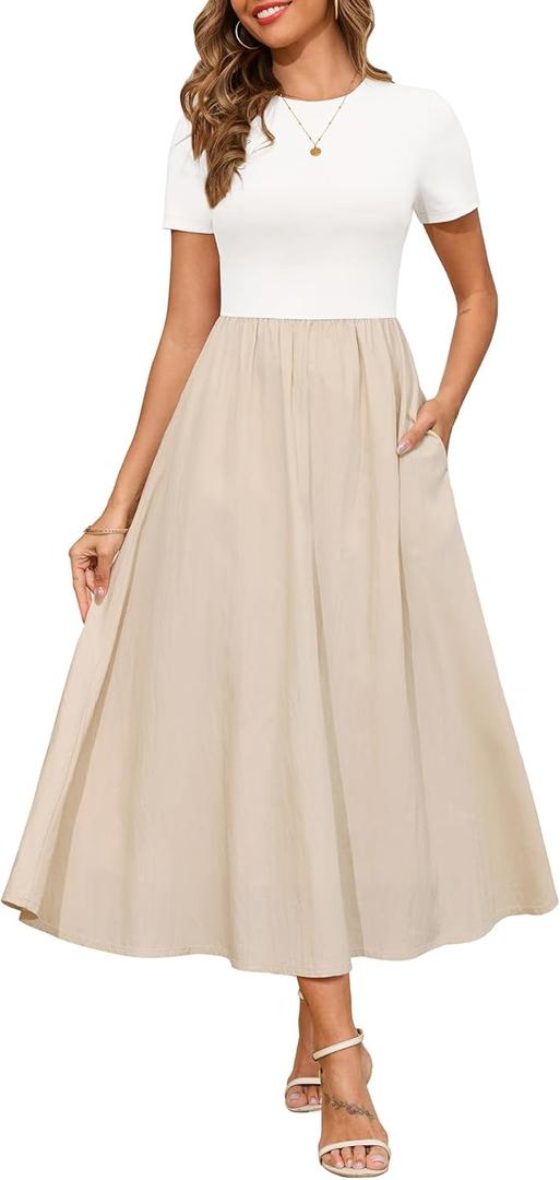 Annebouti Womens 2025 Summer Spring Maxi Dress Trendy Elegant Short Sleeve Cotton Top Casual Long Dress with Pockets (Small, White and Apricot)