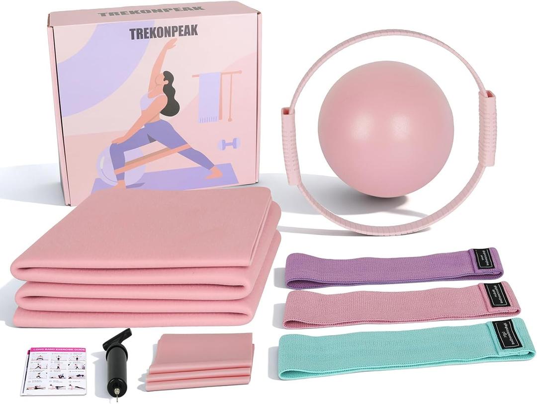 Home Pilates Kit, Pilates-Ring and Ball Set, Multiple Resistance Bands, Socks, Pilates-Essentials-Kit for Women (Pink-Starter Kit)