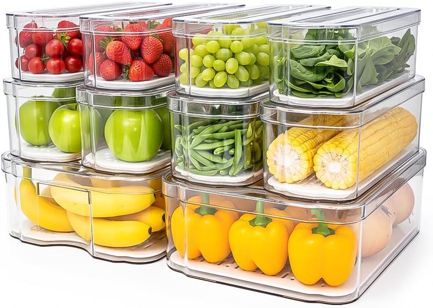 SMRCAD 10 Pack Refrigerator Organizers, Clear Container and Organizer Bins with Lids, Stackable Storage Containers for Fruits, Vegetable