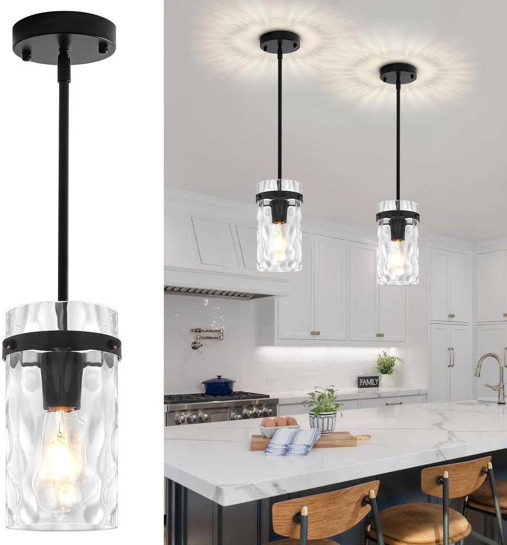 2 Pack Black Pendant Lights Kitchen Island, Modern Hammered Glass Pendant Lighting Over Island Hanging Kitchen Light Fixtures Hallway Ceiling Lights Adjustable Pendant Light for Dining Room Entryway