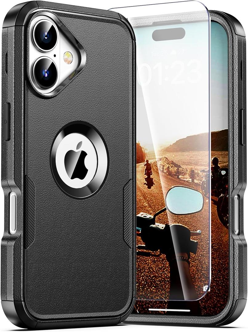 for iPhone 16 Case, 2X Screen Protector, Anti-Drop, 3Layer Military Grade Shockproof, Heavy Duty Protective Phone Cover, 6.1-Inch, Black