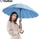 SoulRain 16 Ribs 48" Stick Umbrella Auto Open Solid Color Fashionable and SimpleArc Classic Wood HandleWindproof Unbreakable Stick Rain Umbrella