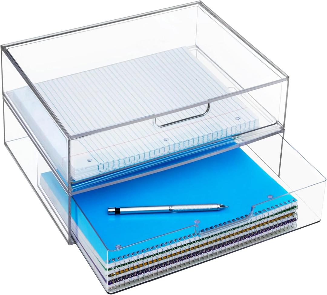 STORi STAX Plastic Stackable Organizer Drawers (Set of 2) Clear | 12.5" Wide | Set Includes Two Open Drawers | Organize Office Desk Accessories & Sort Paper | Made in USA